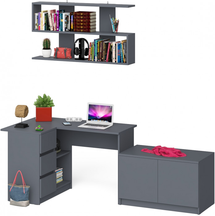 Мори Стол компьютерный МС-16 левый + Тумба МА900.1 + Полка 1200, цвет графит, ШхГхВ 214,8х84,9х209,6 см., НЕ универсальная сборка