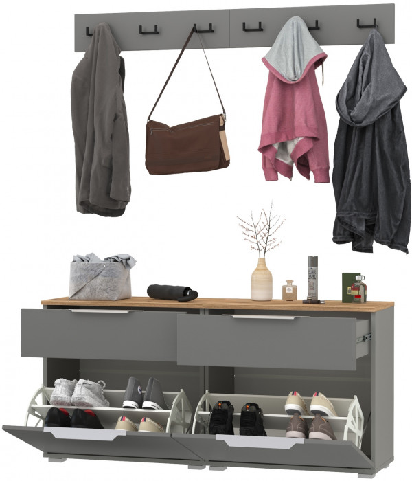 Октава Прихожая 05, цвет серый графит/дуб крафт золотой/фасады МДФ серый графит, ШхГхВ 129,8х35,4х180 см.