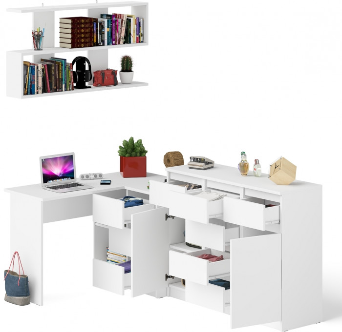 Мори компьютерный стол МС-16 правый + Комод МК1200.4 + Полка 1200, белый