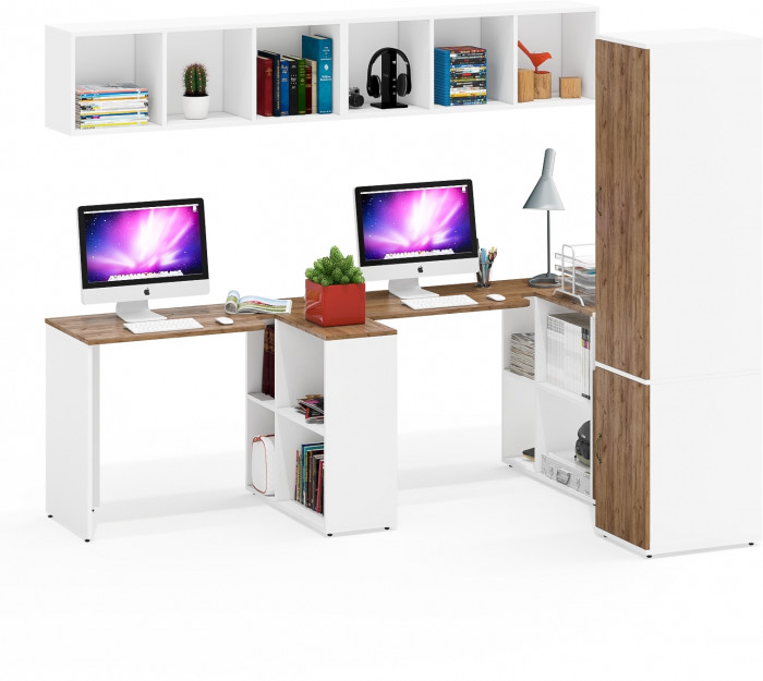 Лидер-8 Стол + Полка + Стол + Полка + Пенал МД 23Б + Тумба МД 3.19, цвет белый шагрень/крафт золото, 410х50х75/190 или 230х160/50х75/190, НЕ ун. сб.