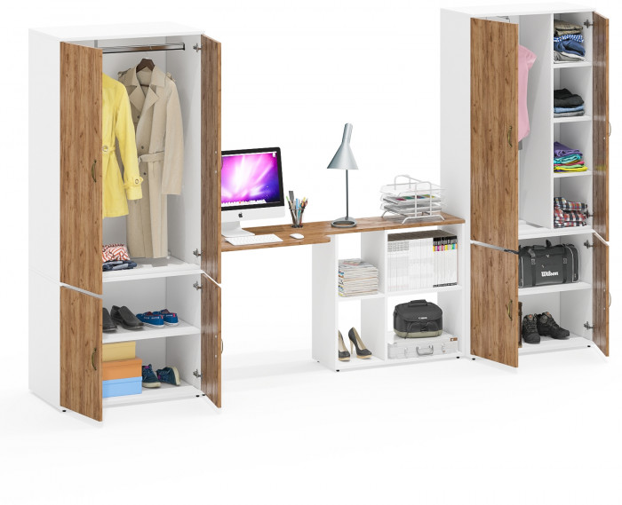 Лидер-8 Шкаф МД 20Б + Стол + Шкаф МД 19Б, цвет белый шагрень/крафт золото, ШхГхВ 325х50/37,5х75/190 или 115х240/50х75/190 см., НЕ ун.сб.