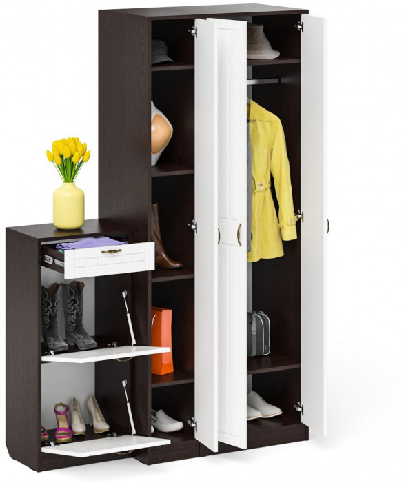 Прихожая П-6 Компоновка № 48, цвет венге/фасады МДФ белое дерево фрезеровка прованс, ШхГхВ 140х50х210 см., универсальная сборка